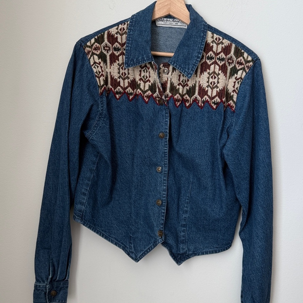 90’ Vintage Blue Denim Jacket with Patterned Accents - Picture 3 of 13